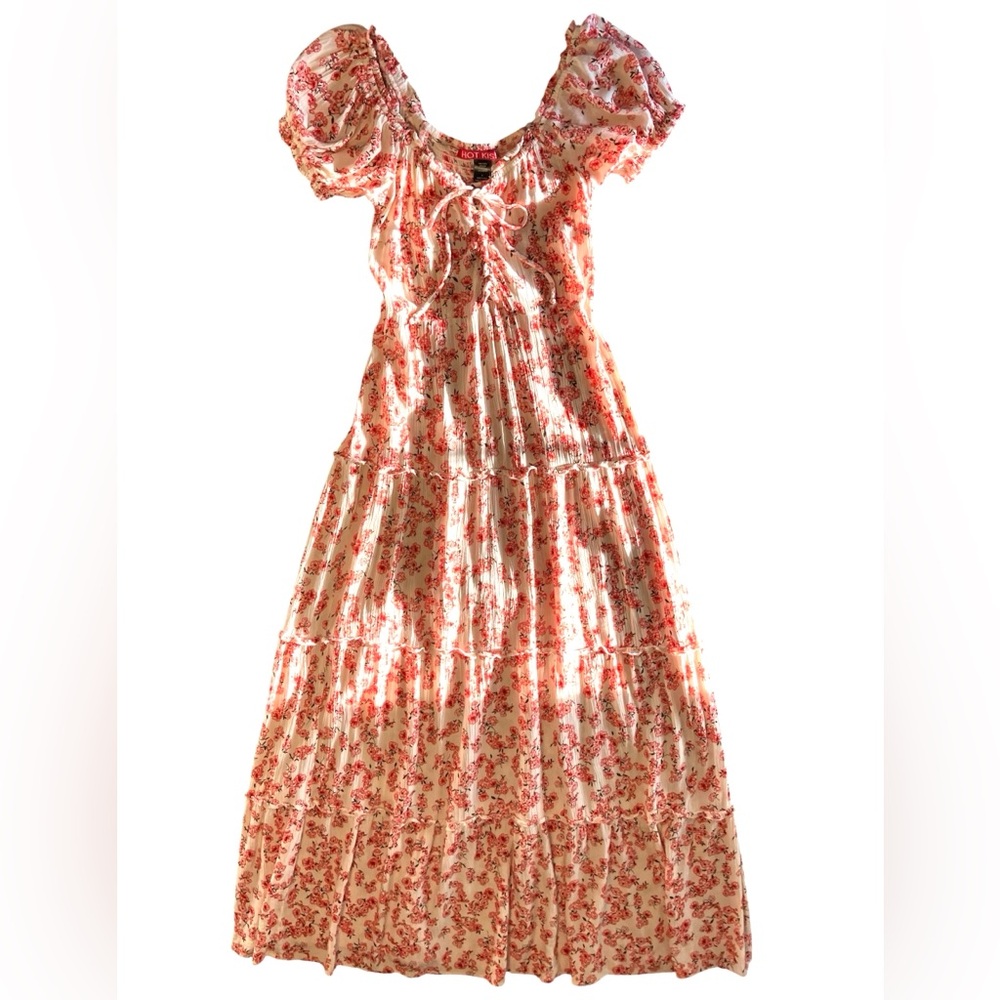 EUC HOT KISS Pink Floral Print Puff Sleeve Maxi Peasant Sundress Size Small